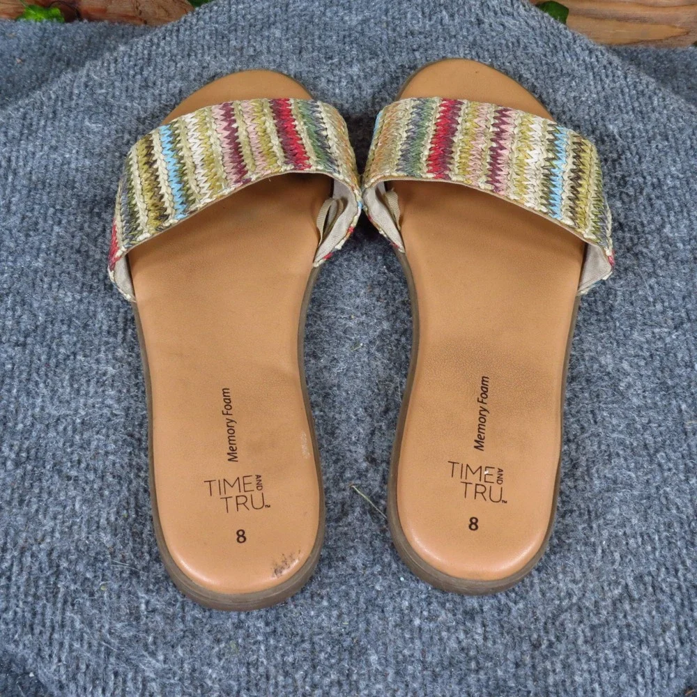 Time and Tru Women Slide Sandals Size 8 Beach Pool Woven Multi Color Tan Straw